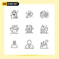 Pack of 9 Modern Outlines Signs and Symbols for Web Print Media such as seo marketing photo kitchen fast food Editable Vector Design Elements