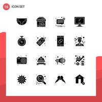 Group of 16 Modern Solid Glyphs Set for pc device alert monitor not Editable Vector Design Elements