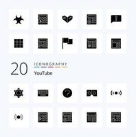 20 Youtube Solid Glyph icon Pack like essential movie basic vr 3d vector