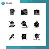 Group of 9 Solid Glyphs Signs and Symbols for network world day hand cake Editable Vector Design Elements