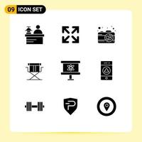 Editable Vector Line Pack of 9 Simple Solid Glyphs of notification science pictures board foldable Editable Vector Design Elements