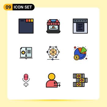 moderno conjunto de 9 9 línea de relleno plano colores pictografía de datos aprendizaje pestañas máquina hardware editable vector diseño elementos