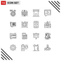 Pack of 16 Modern Outlines Signs and Symbols for Web Print Media such as number telephone architecture mail video Editable Vector Design Elements