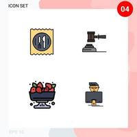 Mobile Interface Filledline Flat Color Set of 4 Pictograms of lunch hammer table auction legal Editable Vector Design Elements