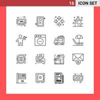 Set of 16 Modern UI Icons Symbols Signs for killer gunman full screen gun office Editable Vector Design Elements