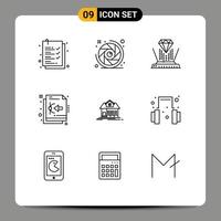 Pack of 9 Modern Outlines Signs and Symbols for Web Print Media such as building home projection file design Editable Vector Design Elements