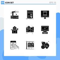 Pack of 9 Modern Solid Glyphs Signs and Symbols for Web Print Media such as person computer report business photo frame design Editable Vector Design Elements