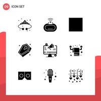 Editable Vector Line Pack of 9 Simple Solid Glyphs of megaphone social media signal marketing scary Editable Vector Design Elements