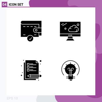 Pack of 4 Modern Solid Glyphs Signs and Symbols for Web Print Media such as complete bulb cloud lecture idea Editable Vector Design Elements