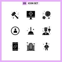 Set of 9 Vector Solid Glyphs on Grid for witch cleaning planets astronomy broom person Editable Vector Design Elements