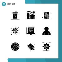 Mobile Interface Solid Glyph Set of 9 Pictograms of database cloud analytics science physics Editable Vector Design Elements