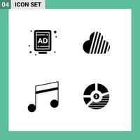 Modern Set of 4 Solid Glyphs Pictograph of ad music sky coin crypto currency chart Editable Vector Design Elements