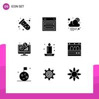 Pack of 9 creative Solid Glyphs of screen monitor website display weather Editable Vector Design Elements