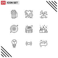 Pack of 9 creative Outlines of interview wheel green cog setting Editable Vector Design Elements