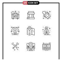 Pack of 9 Modern Outlines Signs and Symbols for Web Print Media such as camping drawing fire vector idea Editable Vector Design Elements