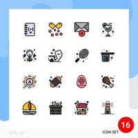 Group of 16 Flat Color Filled Lines Signs and Symbols for invention bulb omega pills summer drink Editable Creative Vector Design Elements