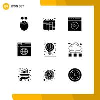 Mobile Interface Solid Glyph Set of 9 Pictograms of bulb server audio play network watch video Editable Vector Design Elements