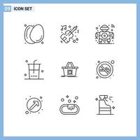 Set of 9 Vector Outlines on Grid for cart shop future food tech Editable Vector Design Elements