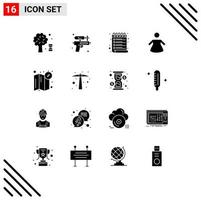 Modern Set of 16 Solid Glyphs Pictograph of hard work location list compass people Editable Vector Design Elements