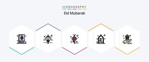 eid Mubarak 25 línea de relleno icono paquete incluso orar. mezquita. cinta. colgante. creativo vector