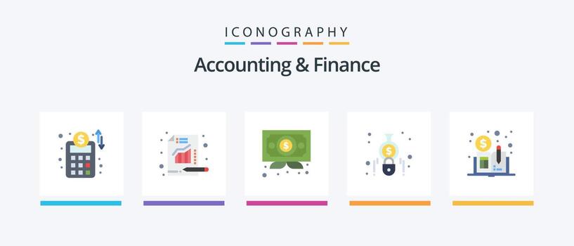 Accounting And Finance Flat 5 Icon Pack Including distributed ledger book. cryptocurrency. certificate. finance. calculate. Creative Icons Design vector