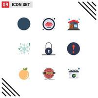 Set of 9 Vector Flat Colors on Grid for attention padlock home circular winter Editable Vector Design Elements