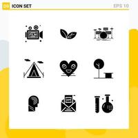 Solid Glyph Pack of 9 Universal Symbols of heart camping spring beach tent kit Editable Vector Design Elements