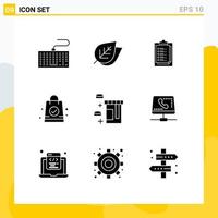 Pack of 9 Modern Solid Glyphs Signs and Symbols for Web Print Media such as healthcare tablet notepad shopping bag hand bag Editable Vector Design Elements