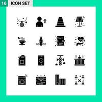 Pack of 16 creative Solid Glyphs of hot tea cone wifi lamp Editable Vector Design Elements