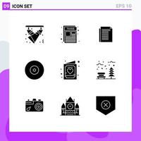 Group of 9 Modern Solid Glyphs Set for card disc taxes ray paper Editable Vector Design Elements