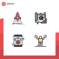 Mobile Interface Filledline Flat Color Set of 4 Pictograms of launch print startup blue development Editable Vector Design Elements