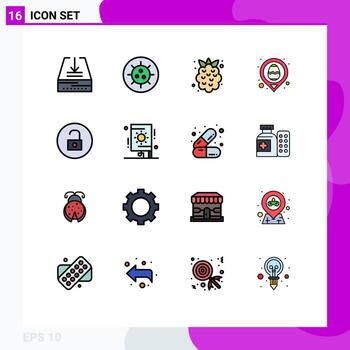16 Universal Flat Color Filled Lines Set for Web and Mobile Applications media player unlock summer map egg Editable Creative Vector Design Elements