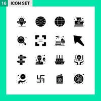 Pack of 16 Modern Solid Glyphs Signs and Symbols for Web Print Media such as research breakfast globe toaster bread Editable Vector Design Elements