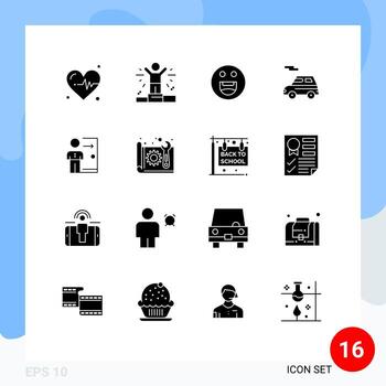 Editable Vector Line Pack of 16 Simple Solid Glyphs of layoff exit motivation employee vehicle Editable Vector Design Elements