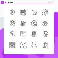 Modern Set of 16 Outlines and symbols such as pin hospital ball setting gear Editable Vector Design Elements