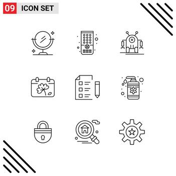 Pack of 9 Modern Outlines Signs and Symbols for Web Print Media such as science research robot education day Editable Vector Design Elements