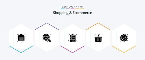Shopping and Ecommerce 25 Glyph icon pack including label. shopping. clip. online shopping. shopping vector