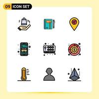 Pack of 9 Modern Filledline Flat Colors Signs and Symbols for Web Print Media such as joystick online shop pen commerce pointer Editable Vector Design Elements