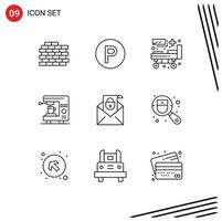 Set of 9 Vector Outlines on Grid for security email medical mail home Editable Vector Design Elements