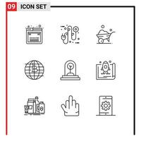 Pack of 9 creative Outlines of growth decentralized one wheel cryptocurrency bitcoin Editable Vector Design Elements