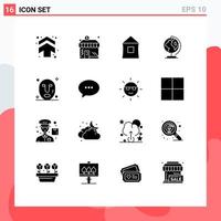 Modern Set of 16 Solid Glyphs Pictograph of facial worldwide building globe shack Editable Vector Design Elements