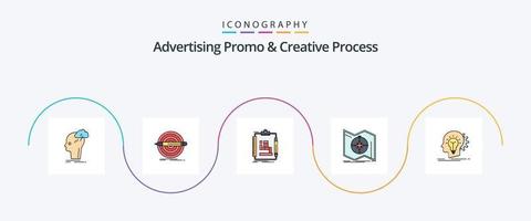 Advertising Promo And Creative Process Line Filled Flat 5 Icon Pack Including map. direction. set. workflow. scheme vector