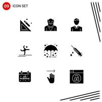 Group of 9 Solid Glyphs Signs and Symbols for protection stretching account performing athlete Editable Vector Design Elements