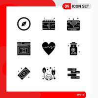 Modern Set of 9 Solid Glyphs Pictograph of cinema tickets lemon code water heart Editable Vector Design Elements