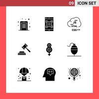 9 Universal Solid Glyph Signs Symbols of law auction scan development coding Editable Vector Design Elements