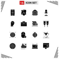 Modern Set of 16 Solid Glyphs Pictograph of user mic bank broadcast security Editable Vector Design Elements