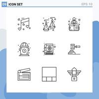 Mobile Interface Outline Set of 9 Pictograms of law gear start content hydrant Editable Vector Design Elements