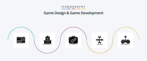 Game Design And Game Development Glyph 5 Icon Pack Including develop. build. master. work. production vector