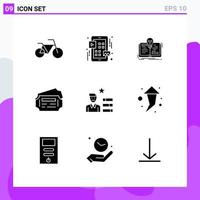 Mobile Interface Solid Glyph Set of 9 Pictograms of arrow magnifier novel human resource station Editable Vector Design Elements