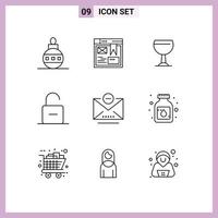 Pictogram Set of 9 Simple Outlines of mail unlock glass security padlock Editable Vector Design Elements